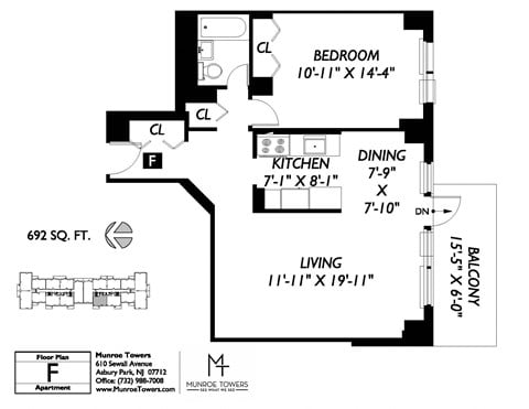 Floor plan for 1 bed, 1 bath, 692 sqft
